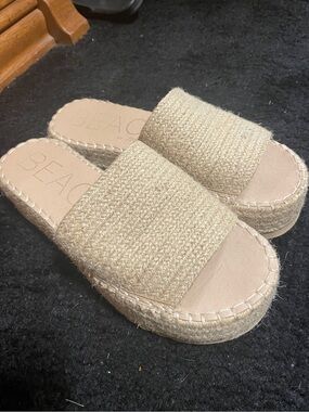 Beige Woven Platform Espadrille Slides for Women